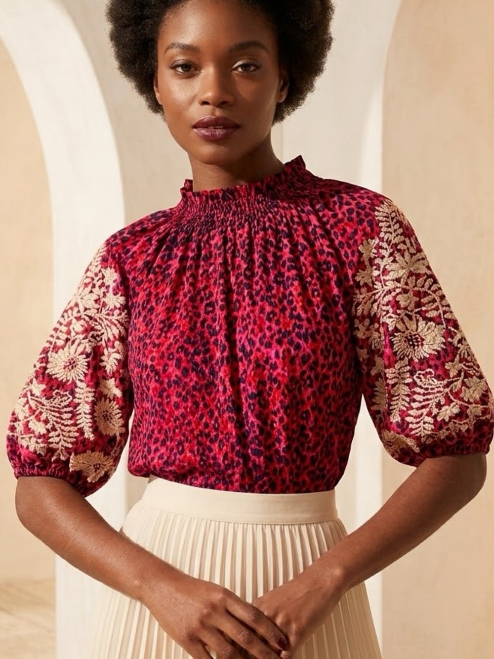 THML Leopard Floral Embroidered Puff Sleeve Smocked Neck Statement Blouse L